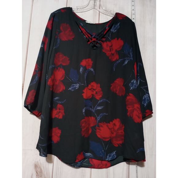 Maurices Blouse Womens XL Black Red Floral Chiffon Crisscross Semi Sheer Top - Picture 1 of 7